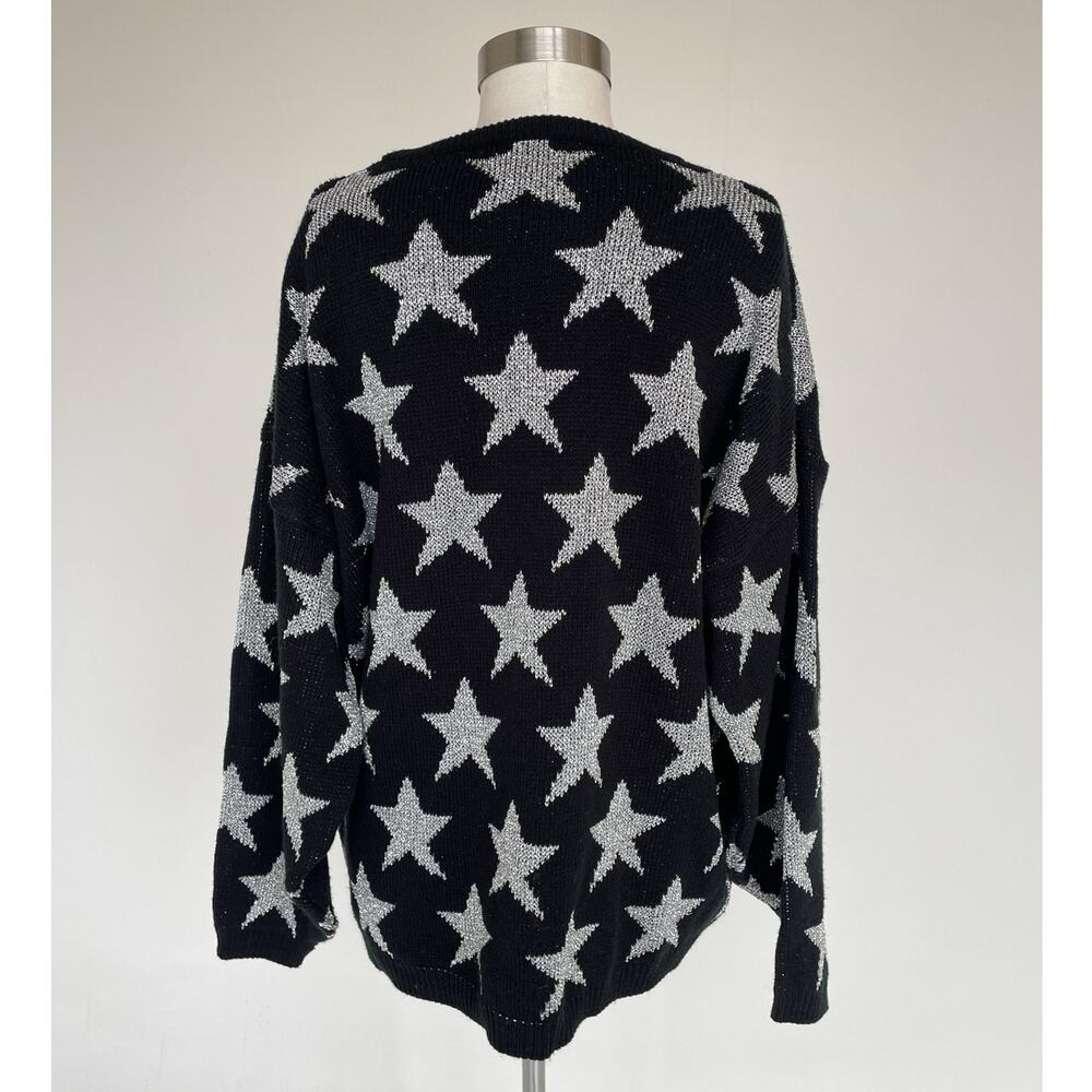 Vtg 80s Black Silver Star AOP Knit Sweater / Pullover Glam Retro Punk Grunge